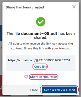 Screenshot of share options in mail.com cloud storage